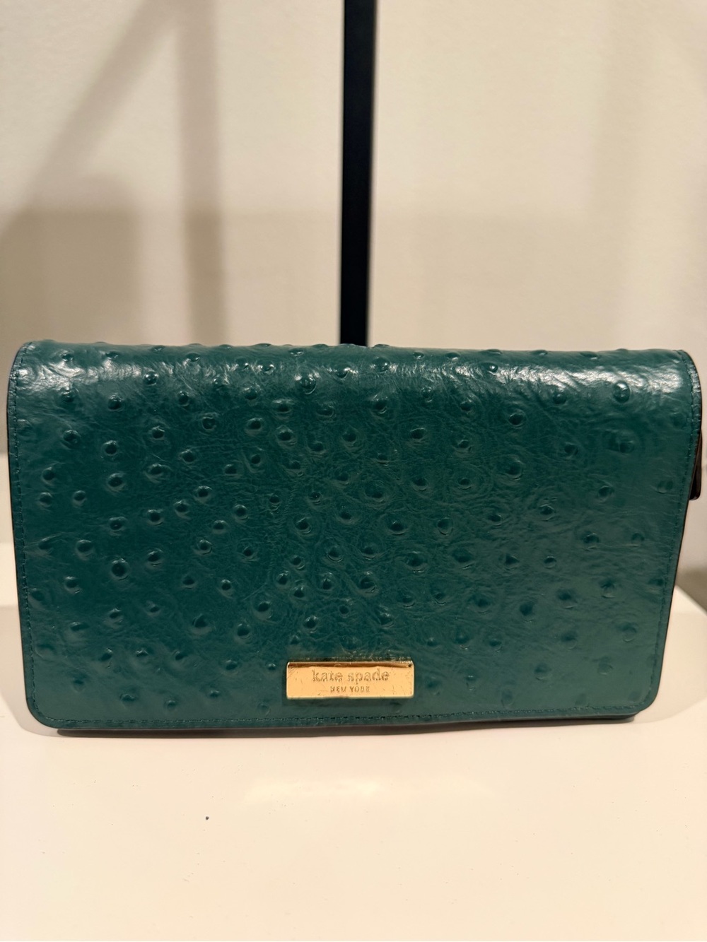 kate spade Teal Ostrich-Embossed Leather Clutch Wallet with Gold Plate